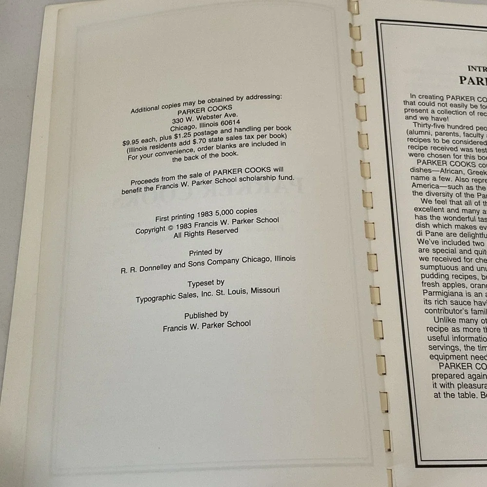 Francis W. Parker School Chicago IL Cookbook 1983 1st Print Parker Cooks